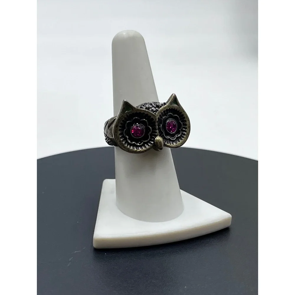 Betsey Johnson Vintage Owl Bronze Pink Rhinestone Vampire Slayer Stretch Ring